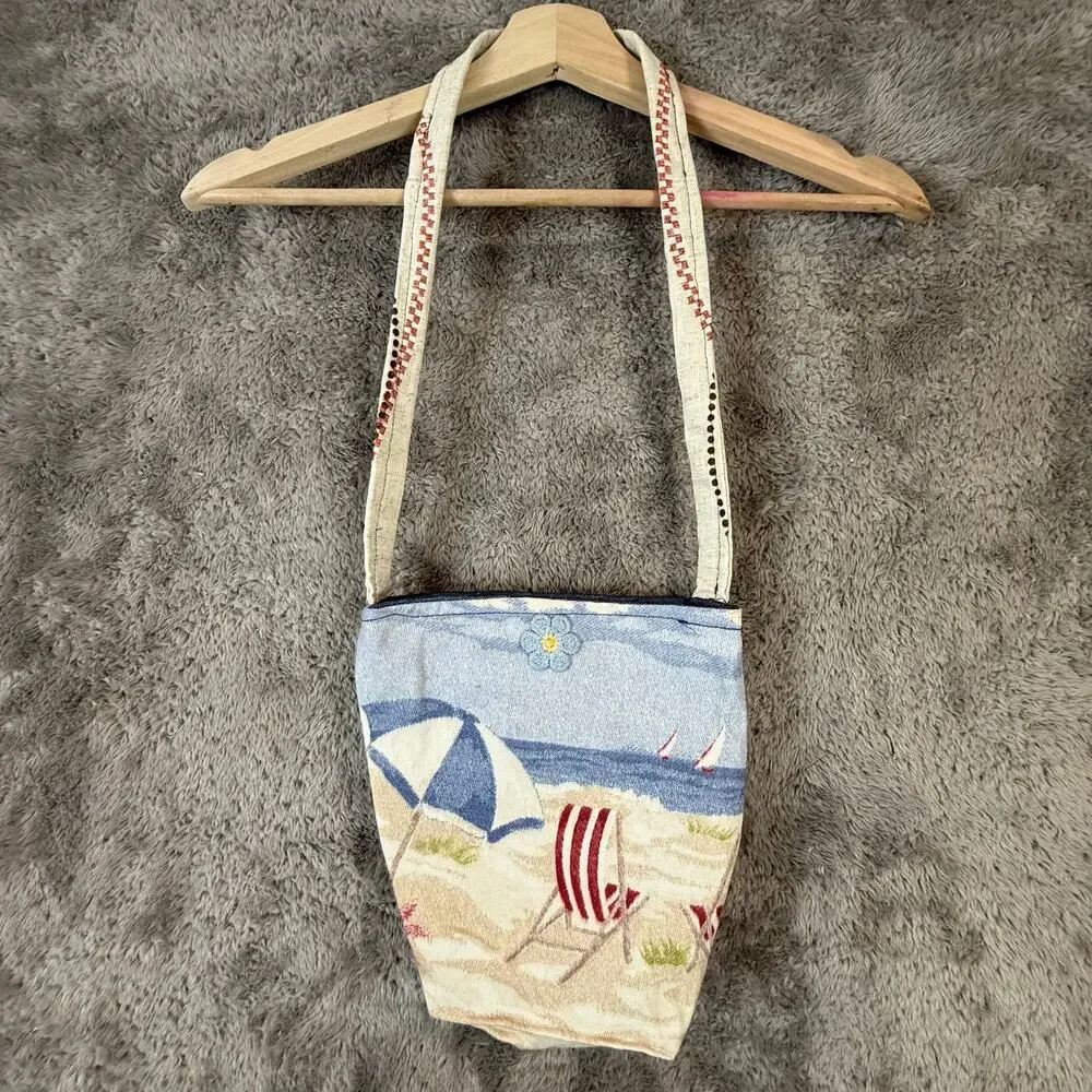 Handmade Beach Print Canvas Purse Shoulder Bag Crossbody Tote Umbrella Sailboats
